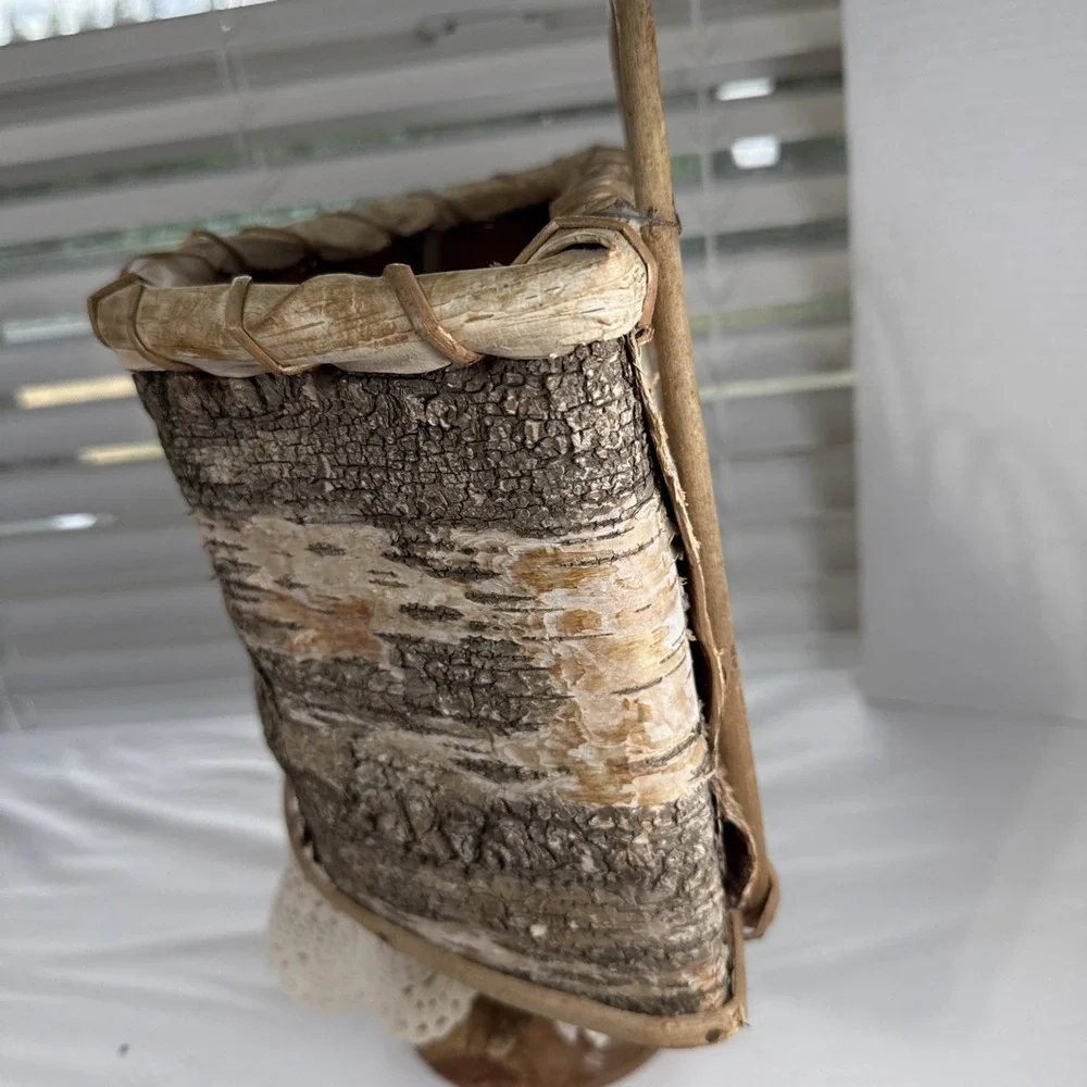 Vintage Birch Bark Wall Hanging 2 Loop Basket. Handmade.
